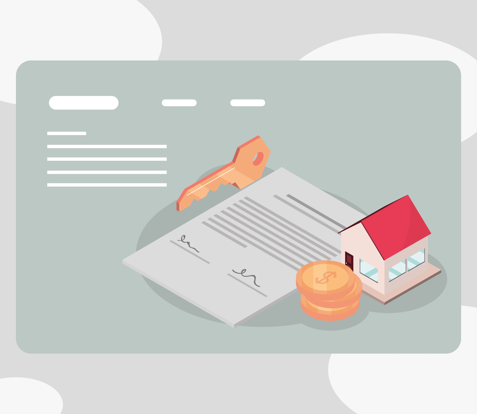 Ilustración de un certificado de propiedad, llaves y una casa